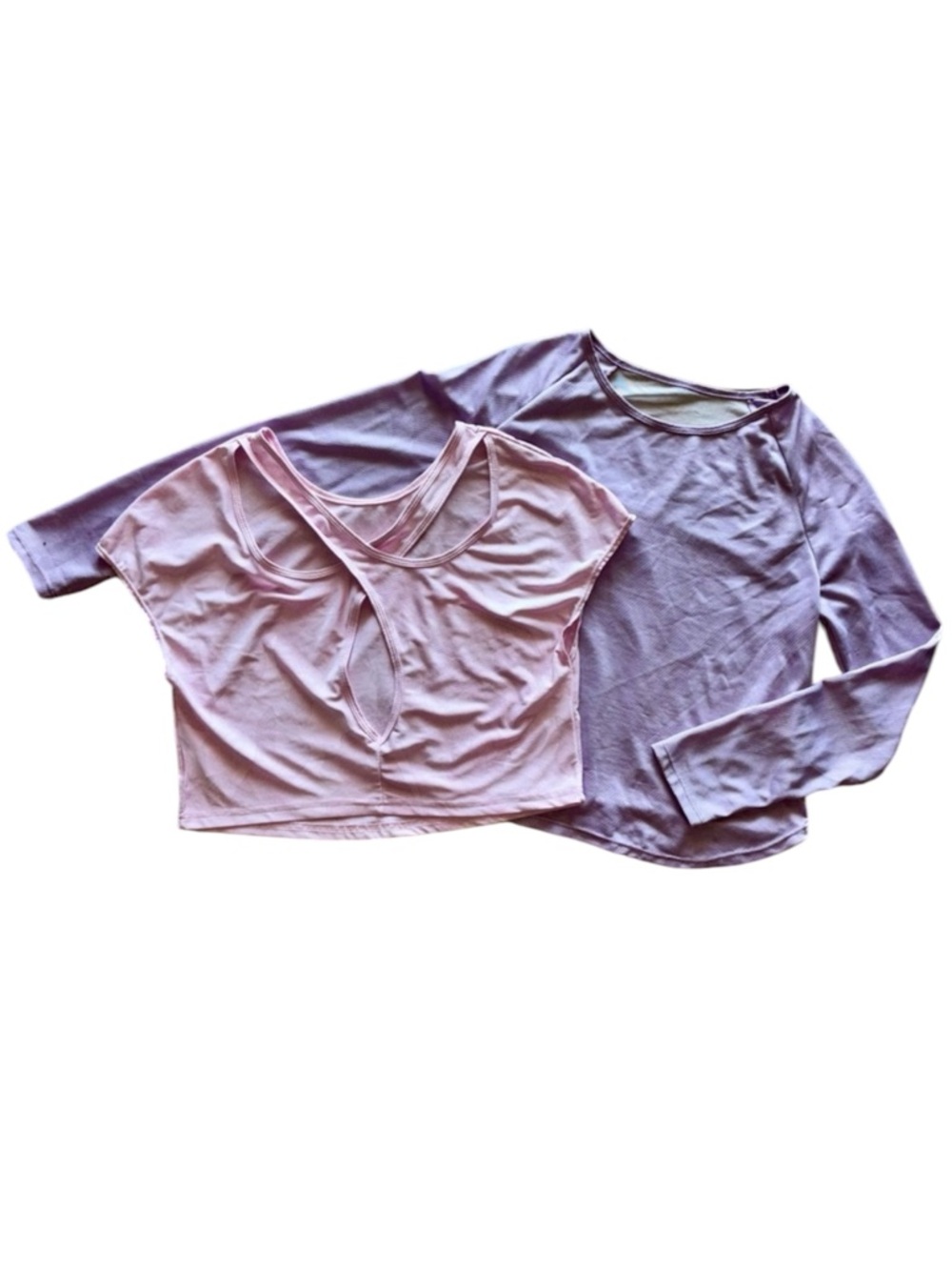 2pc Light Pink Mesh Crop Top Open Criss-Cross Back & Purple Athletic Top Med